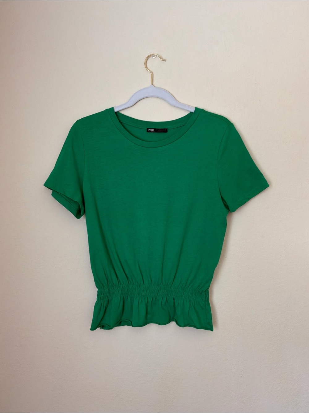Zara Green Short Sleeve Smocked Waist Top - Picture 3 of 6